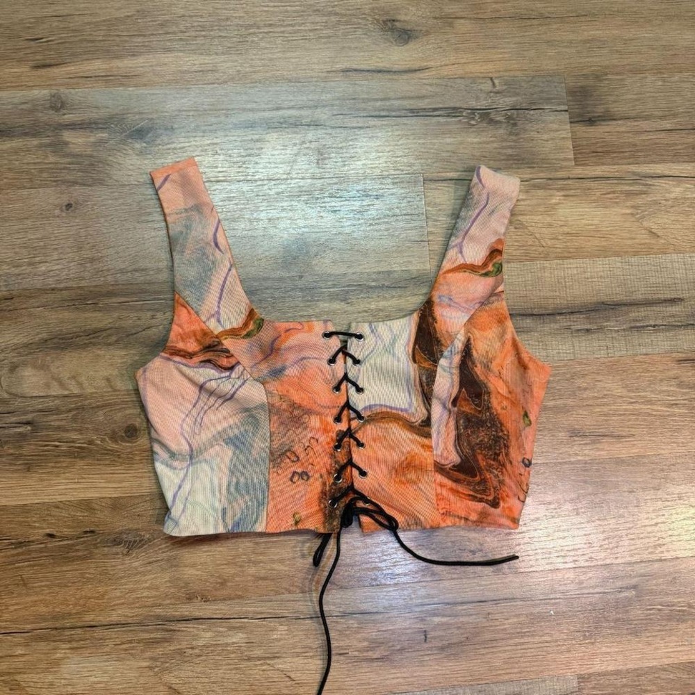 superdown Crop Top Orange Marble Lace Up Front Festival Corset Style Medium